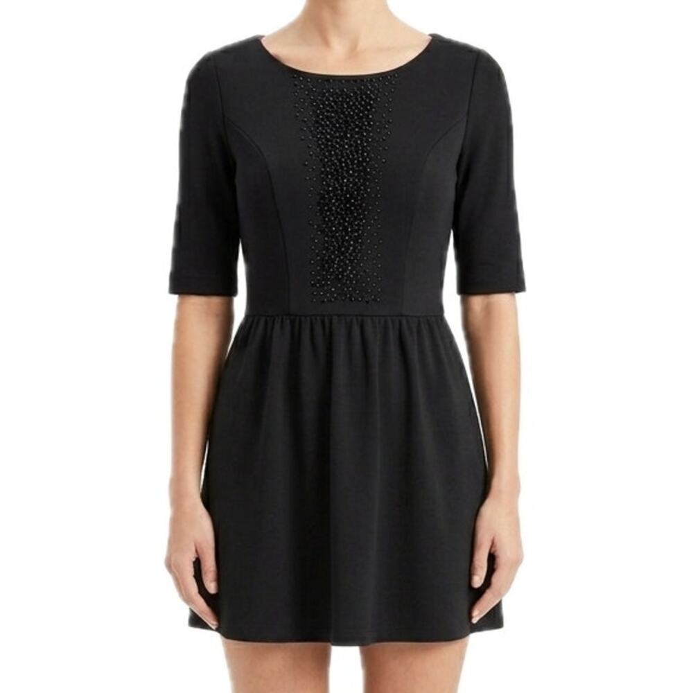 Boden Black Beaded Ponte Isabella Half Sleeve Round Neck Fit and Flare Dress 4 L